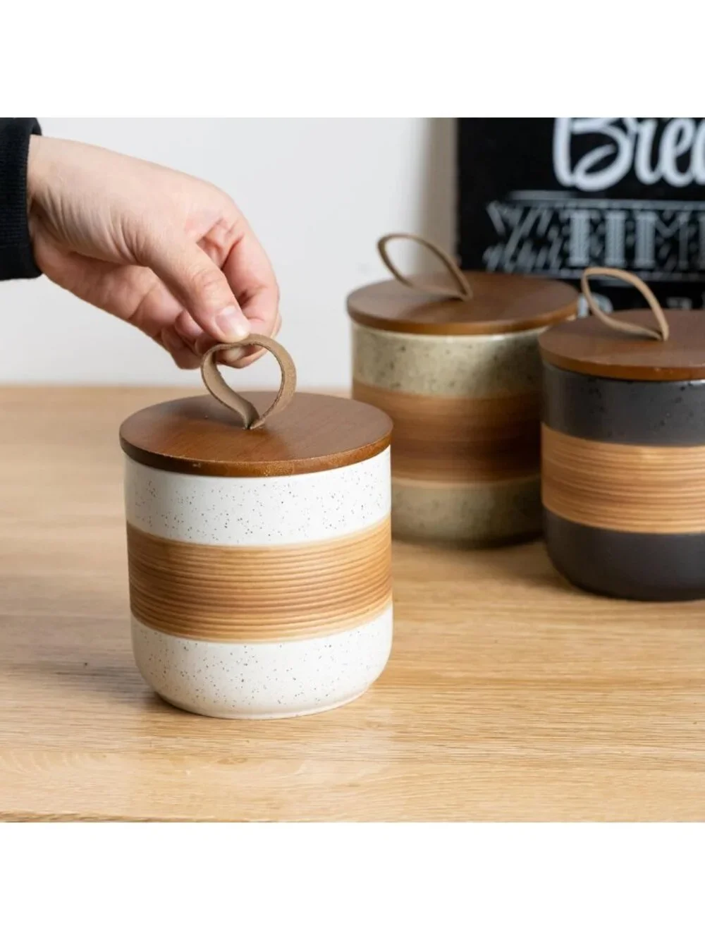 Ceramic Coffee Storage Jar with Lid, Stackable Kitchen Food Container for Spices